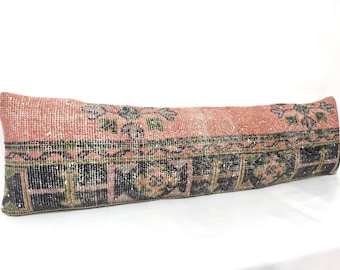 Pillow Cover, Kilim Pillow, Carpet Lumbar, Handmade Pillow, Bed Pillow, Long Rug Pillow, Organic Wool and Vintage Carpet Pillow Cover