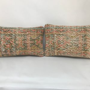 Pair Turkish Kilim Pillow Covers: Organic Wool, Bohemian Decor (10” x 16’&#39;)
