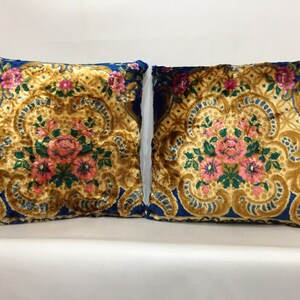 Pair Vintage Kilim Pillow Covers: Organic Wool, Floral Velvet (20x20)