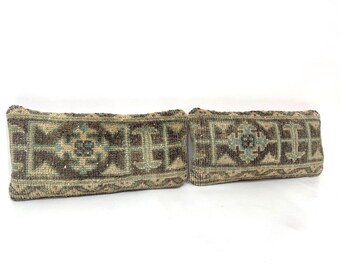 Vintage Turkish Kilim Pillow Cover Pair: Handmade Wool Lumbar Cushion (9” x 18”)