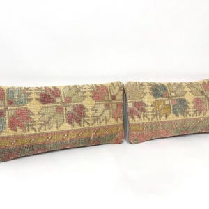 Pair Vintage Kilim Pillow Covers: Organic Wool Lumbar Pillows (9x18 inch)