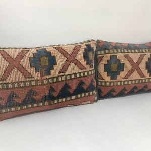 Pair Vintage Kilim Lumbar Pillow Covers: Organic Wool, Handmade (10”x16”)