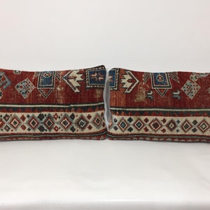 Woven Kilim Lumbar Pillow Cover Pair: Organic Wool, Tribal Cushion (11x19)