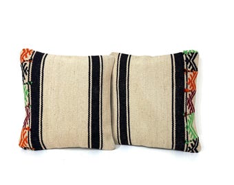 Pair Organic Wool Kilim Pillow Covers: Handmade Cushion Set (16x16)