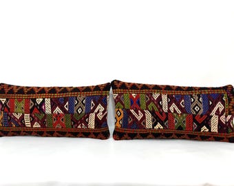 Pair of Long Kilim Pillow Covers: Organic Cotton Patchwork Cushions