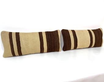 Pair of Organic Wool Kilim Lumbar Pillow Covers: Bohemian Cushion (9 x 20)