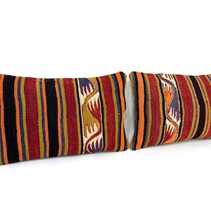 Pair of Kilim Lumbar Pillow Covers: 9”x16” Organic Wool Oriental Rug
