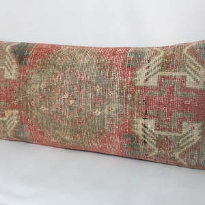 Bohemian Long Carpet Rug Lumbar Pillow Cover, Turkish Vintage Bed Boho Pillow Cover, Natural Wool Handmade Home Decor 16” X 36” inches