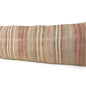 Striped Lumbar Pillow Cover: Handwoven Organic Wool Kilim, 16x44 Inches