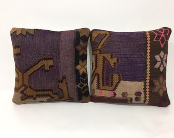 Pair Vintage Kilim Pillow Covers: Organic Wool, Ethnic Primitive (16x16)