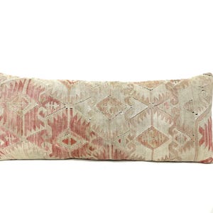 Extra Long Lumbar Pillow, Bohemian Pillow, Vintage Carpet Rug, Wool Vintage Pillow, 16” X 40” Inch Muted Color Kilim Lumbar Pillow