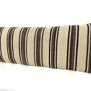 Handwoven Kilim Lumbar Pillow Cover: Organic Wool, Black Stripes (14x36 inches)