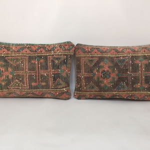 Set of 2 Turkish Kilim Pillow Covers: Organic Wool Lumbar Pillows (10” x 17”)