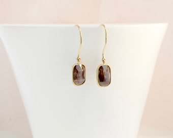 Champagne Diamond Earrings, 14K Yellow Gold Minimalist Faceted Jewelry