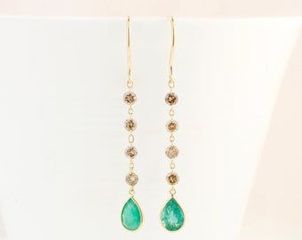 Emerald & Light Brown Diamond Earrings, 14K Yellow Gold Dangle