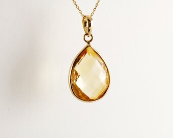 Dara Citrine Raindrop Pear Shape Checker Cut Pendant 14K Yellow Gold PN9343 Handmade Jewelry