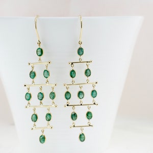 Lyra Emerald Bar Chandelier Dangling Earrings 14K Yellow Gold ER8634 Handmade Jewelry