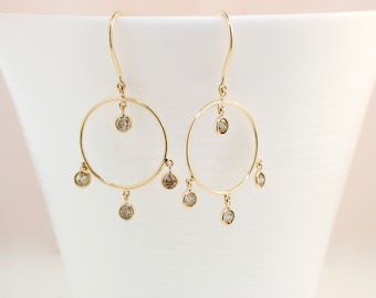 14K Yellow Gold Champagne Diamond Circle Drop Earrings