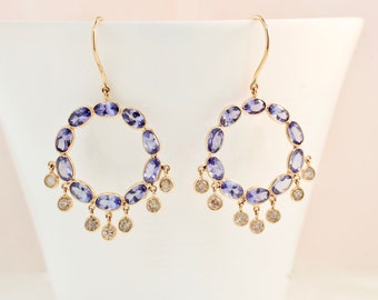 Haven Tanzanite Eternity with Dangling Diamond Earrings 14K Yellow Gold ER10794 Handmade Jewelry