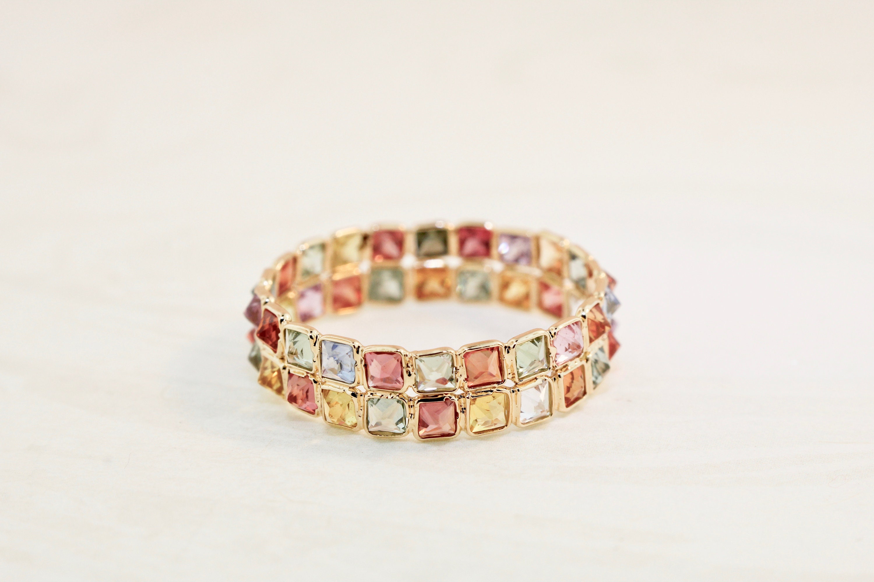 Aiyana Multi Colored Fancy Sapphires Square Cut Double Eternity Ring Band 14K Yellow Gold Handcrafted RG9918 Handmade Jewelry