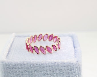 Aiyana Ruby Marquise Shaped Bezel Set Full Eternity Ring 14K Yellow Gold RG9160 Handmade Jewelry
