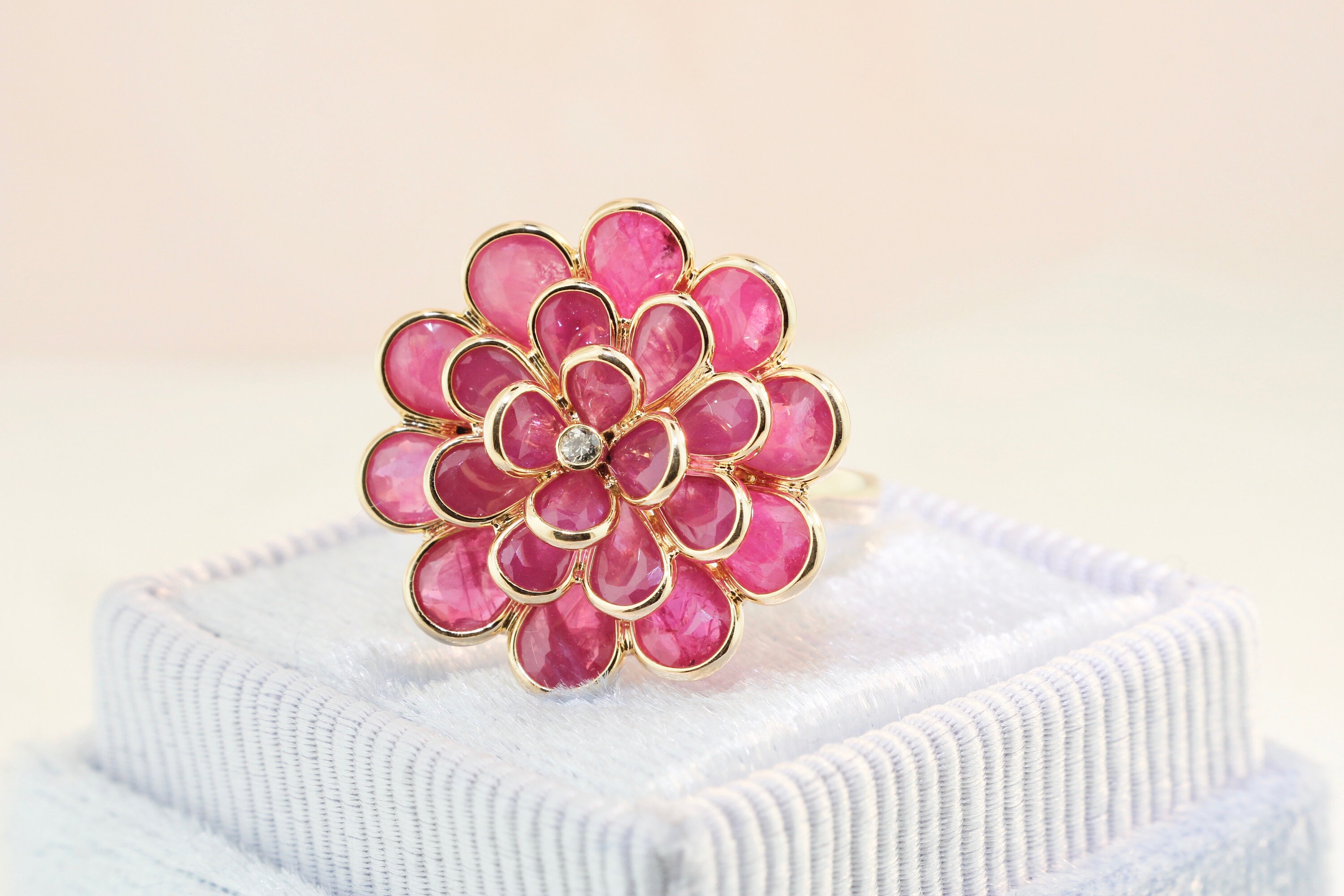 Camellia Ruby Bezel Set Ring With Diamond Accent 18K Yellow | Etsy