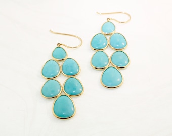 Oceana Turquoise Tear-Drop Chandelier Dangling Earrings 14K Yellow Gold  AER3685 Handmade Jewelry