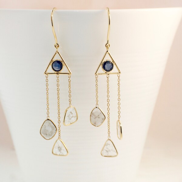 Misty Sapphire Triangle with 3 Diamond Slice Chandelier Dangling Earrings 14K Yellow Gold ER9868 Handmade Jewelry