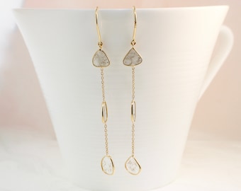 Nadine Diamond Slice Stationed Dangling Earrings 14K Yellow Gold ER9873 Handmade Jewelry