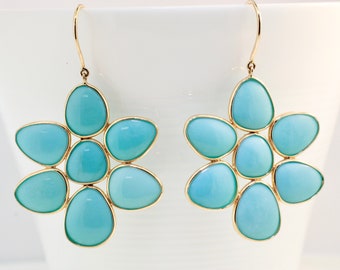 Bloom Turquoise Flower Dangling Earrings 14K Yellow Gold AER2265 Handmade Jewelry