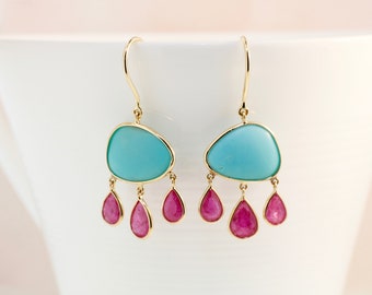Manee Turquoise and Ruby Dangling Earrings 14K Yellow Gold ER21994 Handmade Jewelry