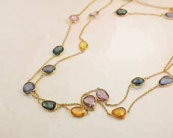 Sapphire Station Necklace, Multi-Colored Rose Cut, 14K Yellow Gold