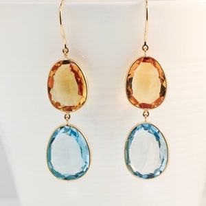 Isabel Citrine and Blue Topaz Dangle Handcrafted Earrings 14K Yellow Gold AER9010