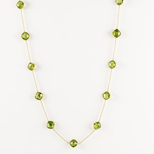 Stella Peridot Checker Cut Bezel Floating Station Necklace 14K Yellow Gold BC9336 Handmade Jewelry