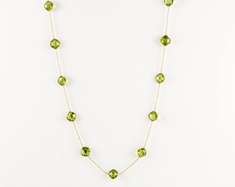 Stella Peridot Checker Cut Bezel Floating Station Necklace 14K Yellow Gold BC9336 Handmade Jewelry