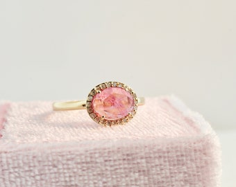 Hazel Pink Tourmaline and Diamond Halo Ring 14K Yellow Gold RG15815 Handmade Jewelry