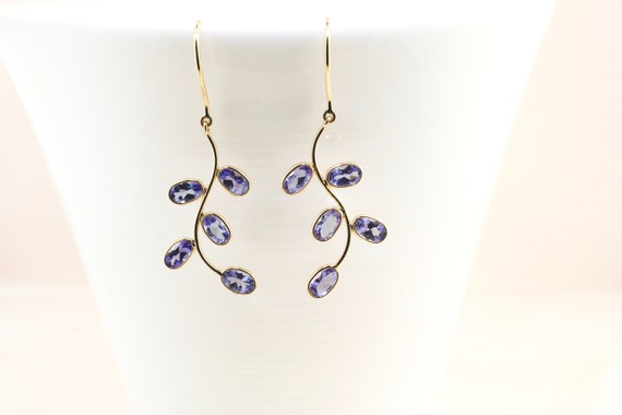 Livie Tanzanite Olive Branch Dangle Earrings 14K Yellow Gold AER9365 Handmade Jewelry
