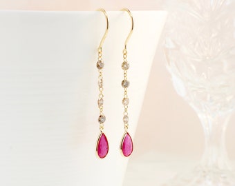 Raine Minimalist Drilled Light Brown Diamond with Pear-Shaped Ruby Earrings ER9293 Handmade Jewelry