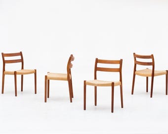 Vintage Teak Paper Cord Niels Otto Møller Model 84 Dining Chairs J.L. Møller Mobelfabrik Denmark 1960s Set of 4 Mid Century Modern Furniture