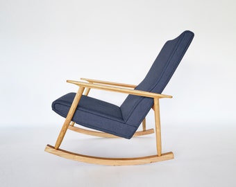 Vintage Night Blue Reupholsered Oak Rocking Chair 1970s Mid Century Modern Minimal Natural Bohemian Lithuanian Design Retro Furniture