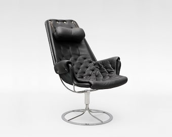 Fotel wypoczynkowy Jetson w kolorze czarnej skóry, chromowanej stali, Bruno Mathsson DUX, Szwecja, lata 60., skandynawski, nowoczesny, minimalistyczny, ikona designu z połowy XX wieku
