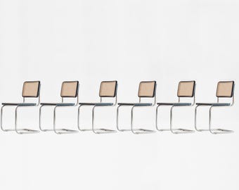 Vintage Bauhaus Chrome Steel Rattan Industrial Cesca Chairs Marcel Breuer 1980s Italian Mid-Century Modern Minimal Furniture, set of 6