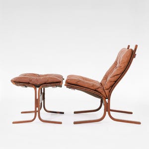 Vintage Cognac Brown Leather Plywood Siesta Chair & Ottoman Ingmar Relling Westnofa Denmark 1970s Scandinavian Mid Century Modern Furniture