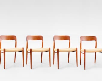 Vintage Teak Paper Cord Niels Otto Møller Model 75 Dining Chairs J.L. Møller Mobelfabrik Denmark 1960s Set of 4  MidCentury Modern Furniture