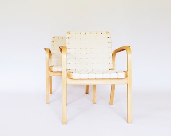 Vintage Scandinavian Mid Century Modern Nordic Hygge Original Japandi Minimal Braided Plywood Model 45 Armchairs Alvar Aalto Artek, Set of 2
