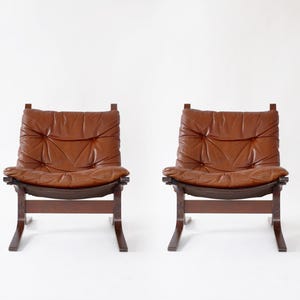 Vintage Cognac Leather Brown Plywood Siesta Chair Ingmar Relling Westnofa Denmark 1970s set of 2 Scandinavian Mid Century Modern Furniture