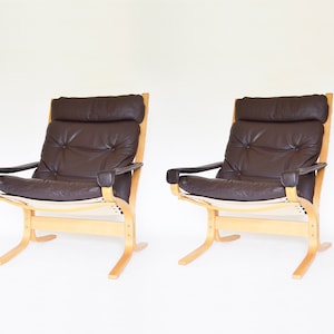 Vintage Brown Leather Plywood Siesta Chairs Ingmar Relling Westnofa Norway 1960s set of 2 Scandinavian Mid Century Modern Minimal Furniture