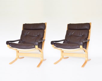 Sillas Siesta vintage de cuero marrón y contrachapado, Ingmar Relling, Westnofa, Noruega, década de 1960, juego de 2, muebles minimalistas modernos escandinavos de mediados de siglo