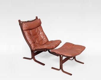 Vintage Cognac Leather Highback Plywood Siesta Chair Ottoman Ingmar Relling Westnofa Norway 1970s Scandinavian Mid Century Modern Design