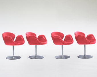 Röda lädersnurrstolar, Pierre Paulin Artifort, 1960-tal, Nederländerna, set om 4, vintage, modern, rymdåldern, möbler